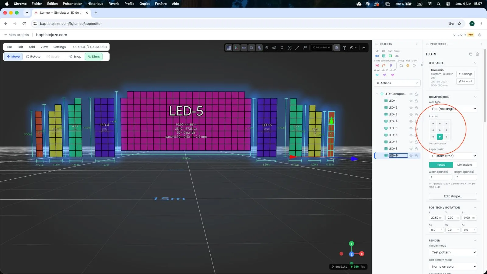 An LED Compose: several screens grouped and exportable (3D, pattern, PSD).