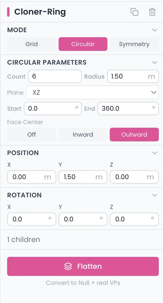The Cloner panel: mode and parameter selection