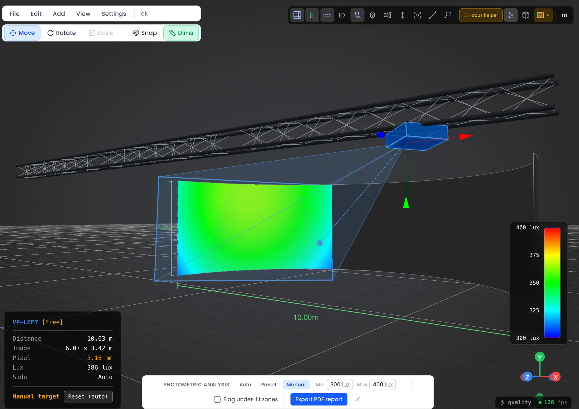 Distance helper : choisissez où mesurer lux et taille d'image, export PDF en un clic