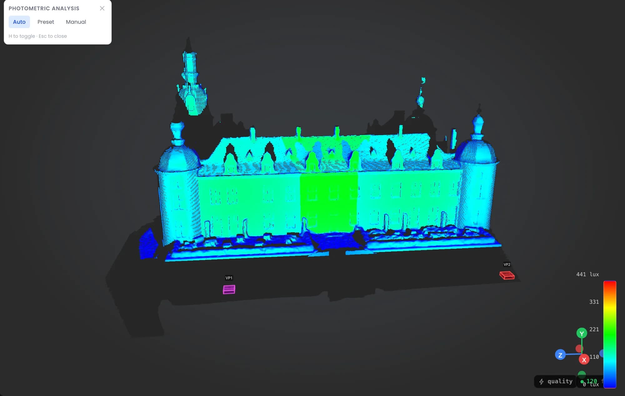 Analysis mode: lux heatmap on a surface