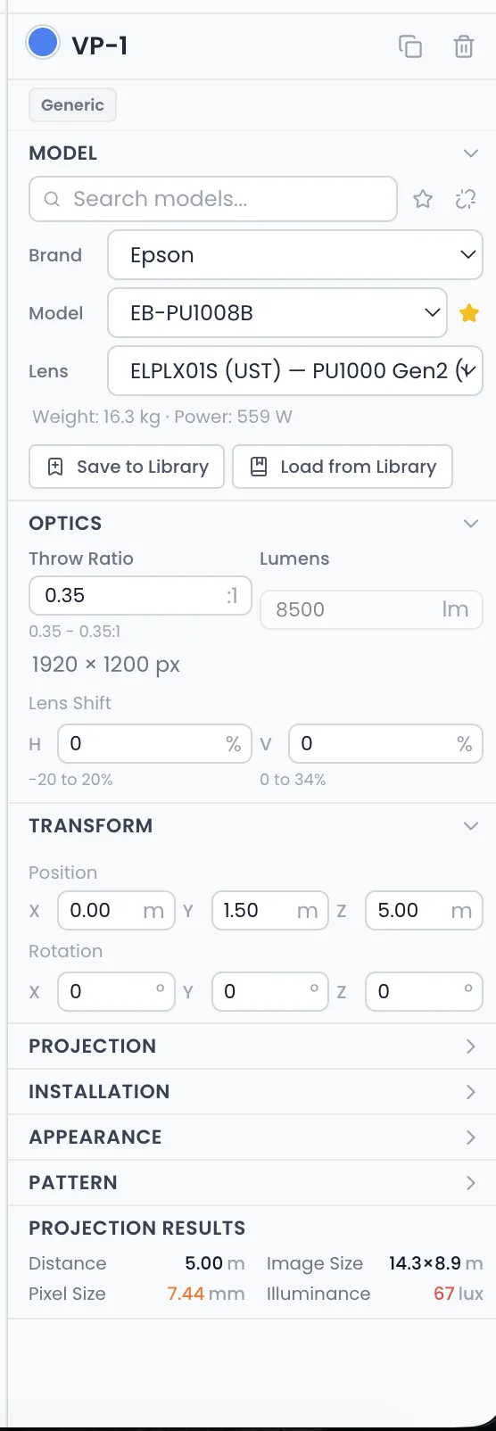A projector's properties panel